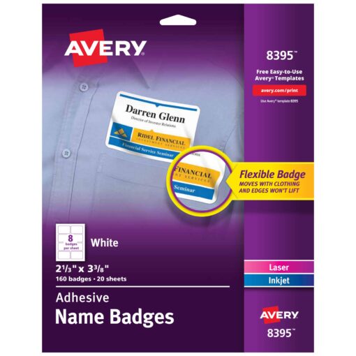 Avery Flexible Name Tag Stickers, White Rectangle Labels, 160 Removable Name Badges, 2-1/3" x 3-3/8" (8395) 160 name tags