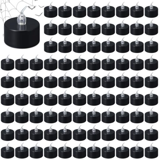 Retisee 100 Pcs Halloween Tea Light Flameless LED Candle Lights Bulk Battery Operated Votive Flickering Led Candles for Halloween Party, Fall Home Decor (Black,1.4'' x 1.4'' x 1.6'') 1.4'' x 1.4'' x 1.6'' Black