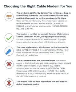 MOTOROLA 8x4 Cable Modem, Model MB7220, 343 Mbps DOCSIS 3.0, Certified by Comcast XFINITY, Time Warner Cable, Cox, BrightHouse, and More (No Wireless) 23 71ulk67eydL