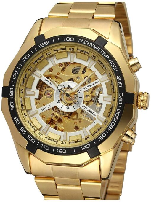 FANMIS Classic Mens Skeleton Automatic Mechanical Watches Luxury Carving Flower Craft Watch with Stainless Steel Waterproof Bracelet Wrist Watch A Gold