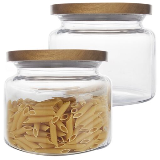 Anchor Hocking (2 Pack) 48oz Glass Jars Kitchen Canister With Wood Lids Food Storage Container Set, 6”W x 5.25”H