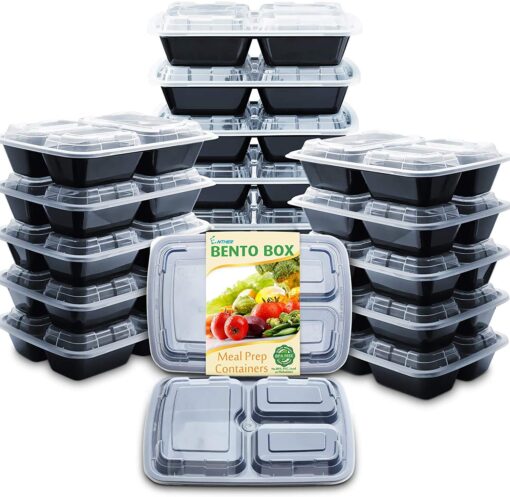 Enther Meal Prep Containers with Lids 20 Pack 3 Compartment Food Storage Bento Lunch Box BPA Free, Reusable, Microwave/Dishwasher/Freezer Safe, 24oz Black Small 20 Pack 3 Compartments 24oz