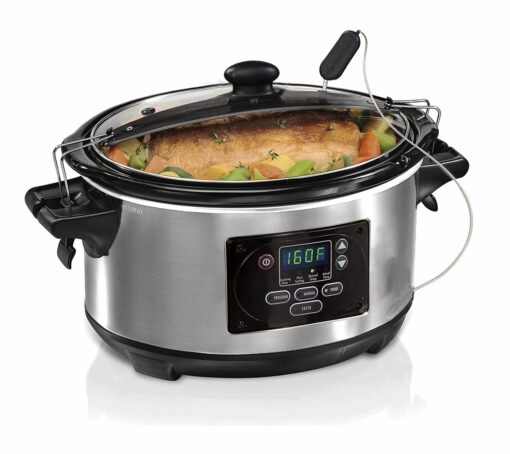 6-Quart Set Slow Cooker, Stainless Steel Digital Programmable Slow Cooker with Lid Lock, Temperature Probe