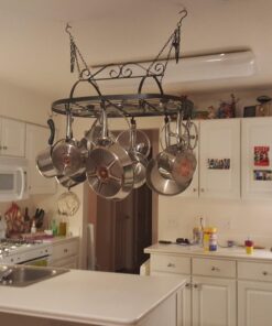 MyGift Black Scrollwork Metal Pot and Pan Ceiling Hanging Rack Heavy Duty Cooking Pans and Utensil Hanger with 10 Dual Hooks 23 71v326VO5PL