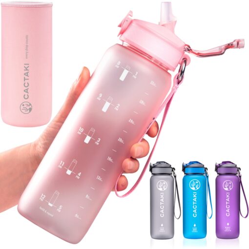 Cactaki 32 oz Water Drinking Bottle with Time Marker - Stay Hydrated - Hydration Tracker & Reminder to Drink With Hourly Measurement Markings - Leak Spill Proof & BPA Free STRAW Pink