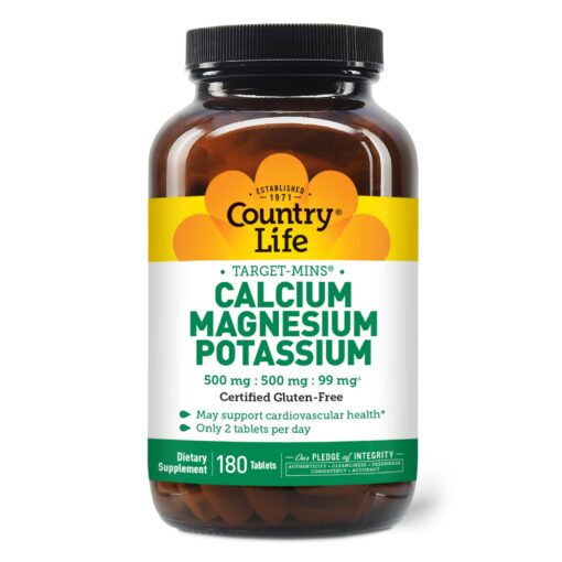 Country Life, Target-Mins Calcium Magnesium Potassium, Supports Heart Health, Daily Supplement, 180 ct 180 Count (Pack of 1)