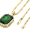 Mens 14k Gold Plated Green Ruby Octagon Hip Hop Pendant with 3mm 24" Rope Chain M3 34 71vIE1200cL