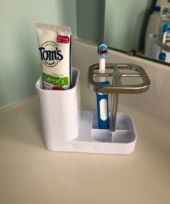 mDesign Plastic Toothbrush Storage Organizer Holder with Cup for Bathroom, Vanity, Countertop Space - Holds Brushes, Toothpaste, Floss, Dental Accessories - White/Satin 25 71vR9ig1Y4L