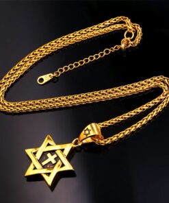 U7 Star of David Necklace for Men Women Gold/Stainless Steel Hexagon Pendant with Cross/Ruby Stone/Classic Jewish Isael Necklaces, Length 22" 24" 26" 02-Star of David with Cross-Gold 12 71vazmyZ6L