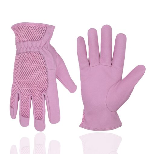 HLDD HANDLANDY Pigskin Leather Women Gardening Gloves, Stretchable Work Gloves Women, 3D Mesh Breathable Rose Garden Gloves Medium (Pack of 1) Pink