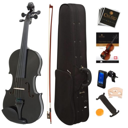 ﻿Mendini By Cecilio Violin For Kids & Adults - 4/4 MV Metallic Black Violins, Student or Beginners Kit w/Case, Bow, Extra Strings, Tuner, Lesson Book - Stringed Musical Instruments 4/4 (Full Size)