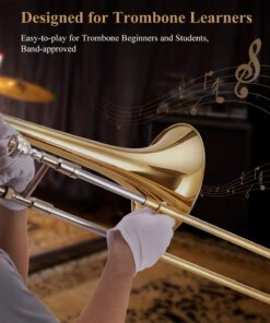 Eastar Bb Tenor Slide Trombone for Beginners Students, B Flat Brass Plated Trombone Instrument with Mouthpiece, White Gloves, Cleaning Kit, ETB-330, Golden 15 71vkrDUhHuL