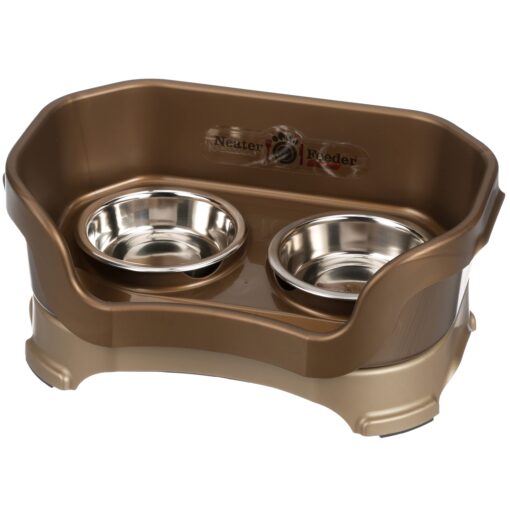 Neater Feeder - Deluxe Model - Mess-Proof Cat Bowls (Cat, Bronze) - Made in USA - Elevated, No Spill, Non-Tip, Non-Slip, Raised Stainless Steel Food & Water Pet Bowls