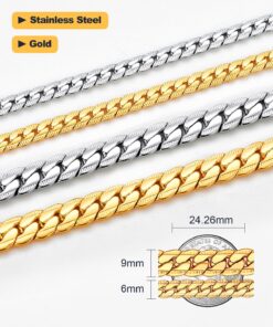 U7 Diamond Cut Miami Cuban Link Chain for Men Women Stainless Steel Curb Chain Necklace, Cool Hip Hop Jewelry Silver/Black/18K Gold Plated Chains, Width 3/6/9/12mm,18/20/22/24/26/28/30 Inch d.Flat Curb-6mm-gold 22.0 Inches 22 71vyjagTRL