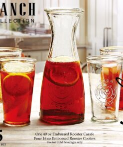 Circleware Beverage Carafe Water Pitcher with Handle and Drinking Glasses, Kitchen Glassware for Milk, Juice, Beer, Wine, Farmhouse Decor, 5 Piece Set of 1-40 oz, 4-16 oz, Ranch Rooster Set of 5 7 71wGWd5PrjL