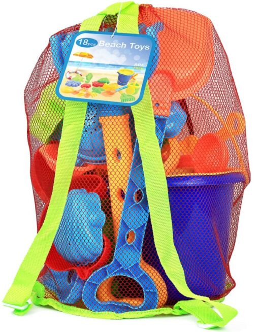 Click N' Play Beach Toys for Kids 3-10 - 18pc Sand Toys Including Sand Buckets for Kids with Sifter, Watering Can, Rake, 4 Hand Tools, 10 Sand Molds & Mesh Beach Toy Bag - Sandbox Toys for Toddlers 18 pc Beach set