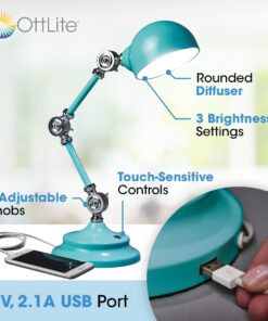OttLite Revive LED Desk Lamp with ClearSun LED Technology, Turquoise – 3 Brightness Settings, Touch Activated Controls, USB Charging Port & 3 Adjustable Knobs for Precise Lighting - Great for Reading 9 71wLUY1dfUL