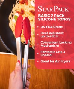StarPack Basics Silicone Kitchen Tongs (9-Inch & 12-Inch) - Stainless Steel with Non-Stick Silicone Tips, High Heat Resistant to 480°F, For Cooking, Serving, Grill, BBQ & Salad (Cherry Red) Basic (Heat Resistant 480°F) Cherry Red 19 71wMYmXUirL