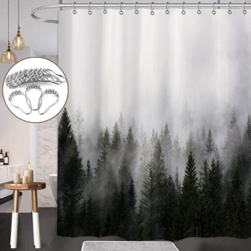 ORTIGIA Misty Forest Shower Curtains,Nature and Woodland Shower Curtain,Fantasy Fog Magic Winter Tree Bath Curtain for Bathroom,Waterproof Polyester Fabric 72" Wx72 L-with Hooks 72W x 72L(12 Metal Hooks,12 Grommets) Dark Forest