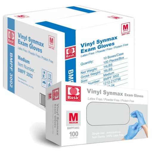 Basic Medical Vinyl Exam Gloves - Latex-Free & Powder-Free & Non-Sterile, Disposable Gloves (pack of 1000, Blue)