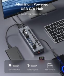 WENTER Powered USB Hub 3.0 with SD/TF Card Reader, Aluminum 10 Port Powered USB Hub (9 USB 3.0 Data Transfer Port & 1 USB Fast Charging Port Hub) USB 3.0 Hub for PC, Laptop 💪Aluminum 9+1 Charging Port USB Hub 8 71wUWYytHpL