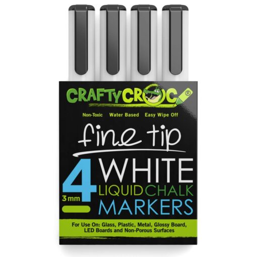 Crafty Croc Fine Tip Chalk Markers - (Precise 3mm Tip, 4 White) - Erasable Dustless Liquid Chalk Ink Pens, Water-Based, Non-Toxic 4 Pack White Fine Tip (3mm)