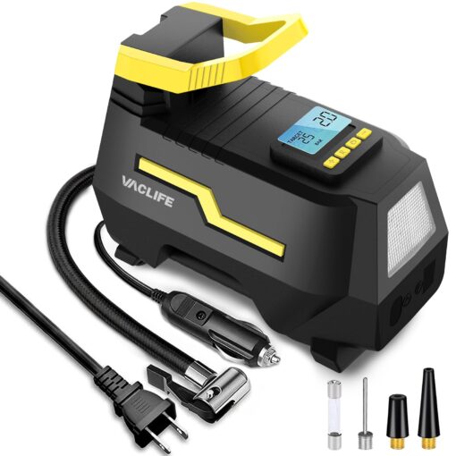 VacLife AC/DC 2-in-1 Tire Inflator - Portable Air Compressor, Pump for Car Tires (up to 50 PSI), Electric Bike 150 PSI) w/Auto Shut-Off Function, Model: ATJ-1666, Yellow (VL708)