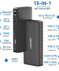 USB C Laptop Docking Station, 15 in 1 Triple Display Multiport Adapter with 3 Monitors Dock Compatible for Macbook/Dell/HP/Lenovo Laptops (Dual DP, HDMI, VGA, USB C/A, RJ45, SD/TF, Mic/Audio, PD)Black 15 IN 1 Black 12 71wuDBeB57L
