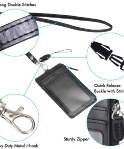 Badge Holder with Zipper, Wisdompro School Supply 2-Sided PU Leather College ID Badge Holder with 1 ID Window, 4 Card Holder Slots, 1 Side Pocket and 20 Inch Leather Neck Strap Lanyard -Vertical Black Vertical 28 71wuwh0c7ZL