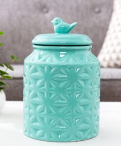 MyGift Vintage Turquoise Ceramic Kitchen Jar with Lid, Cookie Jar Storage Containers Airtight with Embossed Star and Bird Design 11 71xDASltSlS
