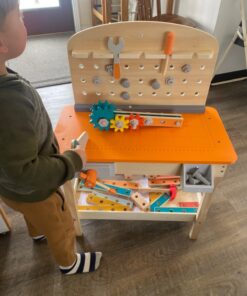 Amazon Basics Wooden Play Toy Tool Set and Workbench for Toddlers, Preschoolers, Children Age 3+ Years, 36 cm D x 58 cm W x 77.9 cm H, Multicolor 20 71xL mOIrL