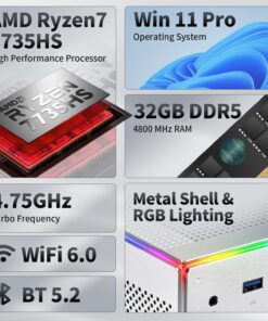PELADN HA-4 Mini Gaming PC, AMD Ryzen 7 Mini PC Ryzen 7 7735HS Processor(8C/16T,Up to 4.75Hz), DDR5-4800 32GB RAM 512GB PCIe4.0 SSD. Triple 4K@60Hz Output, 2.5Gbps LAN/Wi-Fi6/BT5.2, USB-C & RGB. 14 71xLXhZawIL