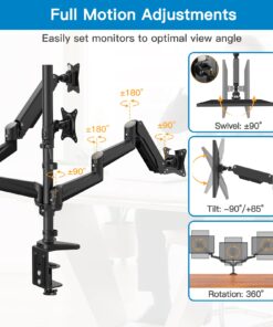 HUANUO Triple Monitor Mount for 17 to 32 inch Screens, Triple Monitor Stand with Gas Spring Adjustment Swivel Tilt Rotation, 3 Monitor Desk Mount with Clamp & Grommet Kit, Hold up to 17.6lbs, Black 31 71xM1TtPXpL