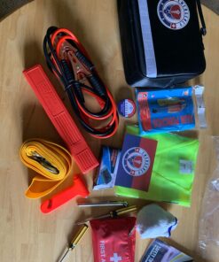 Roadside Assistance Emergency Car Kit - First Aid Kit, Jumper Cables, Tow Strap, led Flash Light, Rain Coat, Tire Pressure Gauge, Safety Vest and More Ideal Winter Accessory for Your Car (Black) Black 17 71xOKk0oEhL