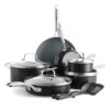 GreenPan Swift Healthy Ceramic Nonstick, 12 Piece Cookware Pots and Pans Set, Stainless Steel Handles, PFAS-Free, Dishwasher Safe, Oven Safe, Black Saucepan Set