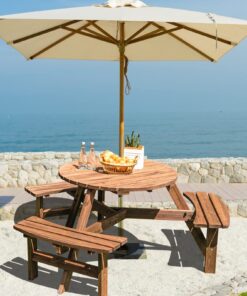 Giantex 6 Person Wooden Picnic Table Set with Wood Bench, with Umbrella Hold Design, Perfect for Outdoor Garden Yard Pub Beer Dining, Dark Brown 67"L×67" W×27.5" 22 71xRAz3jSL
