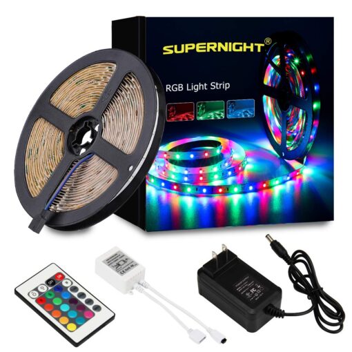 SUPERNIGHT LED Strip Light, 2835 SMD RGB Multi-Color Changing Lights, 16.4ft 300 LEDs Rope with IR Remote Controller, 12V Power Supply for Bedroom, TV-Back Lighting, Halloween, Christmas 2835RGB 24Keys