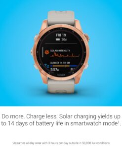 Garmin fenix 7S , Smaller sized adventure smartwatch, with Solar Charging Capabilities, Rugged outdoor watch with GPS, touchscreen, health and wellness features, rose gold with light sand band 7S Solar 9 71xh79gi20L