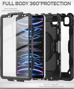 SEYMAC iPad Pro 11 Case 4th/ 3rd/ 2nd/ 1st Gen (2022/2021/2020/2018), Full-Body Shockproof Protective Case with Screen Protector, Rotating Stand, Hand/Shoulder Strap, 2nd Gen Pencil Charging, Black For iPad Pro 11 14 71xqJnmdLPL
