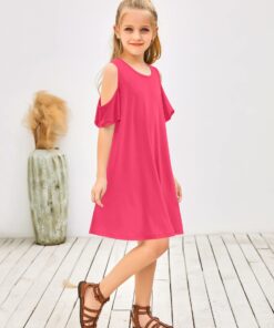 GRAPENT Girls Cold Shoulder Ruffled Short Sleeve Casual Loose Tunic Shirt Dress 8-9 Years Rose 9 71xsbGTTrML