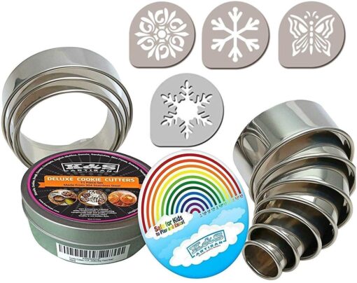 K&S Artisan 11 Round Cookie Biscuit Cutter Set - Graduated Circle Pastry Cutters for Donuts & Scones Heavy Duty 100% Stainless Steel Biscuit Cutter Tool with 4 Cookie Stencils