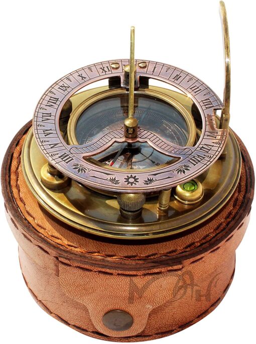 MAH Brass Magnetic Sundial Compass for Birthday, Grandfather, Baptism, Father's Day, Partner, Best Man, Anniversary, Farewell, Graduation, Christmas, Home Décor Vintage Style Sundial with Gift Box. Brass Round Sundial (Leather Case)