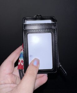 Badge Holder with Zipper, Wisdompro School Supply 2-Sided PU Leather College ID Badge Holder with 1 ID Window, 4 Card Holder Slots, 1 Side Pocket and 20 Inch Leather Neck Strap Lanyard -Vertical Black Vertical 36 71y7DCJW1YL