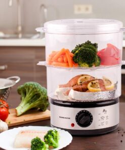 OVENTE 2 Tier Electric Food Steamer for Cooking Vegetables, Stainless Steel Base, Stackable and Dishwasher Safe Baskets, 400W with Auto Shutoff and 60-Minute Timer, 5 Quart Capacity, Silver FS62S 2-Tier 21 71yBQS6 ySL