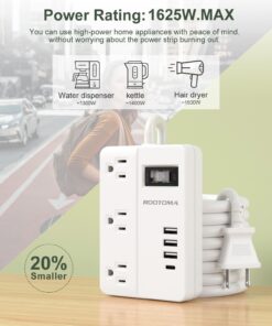 Alternative view of 2 Prong Extension Cord with USB-C, ROOTOMA 2 Prong to 3 Prong Outlet Adapter, 3 Outlet & 4 USB Charging Station, 3 Prong Adapter 4ft, Non-Grounded, for Polarized Two Prong Outlet, Old House, White 4ft-2pin