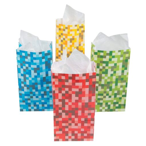 Fun Express - Pixel Pattern Treat Bags - Party Supplies - Bags - Paper Treat Bags - 12 Pieces