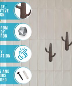 Comfify Set of 3 Hooks Cast Iron Cactus Double Wall Mounted Hooks/Hangers - Decorative Wall Mounted Hooks for Coats, Bags, Towels and More - w/Screws and Anchors Included - Brown 21 71yGVm aa5L 1