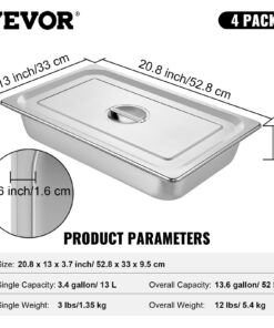Mophorn 4 Pack Hotel Pan 3.7" Deep Steam Table Pan Full Size with Lid 20.8" L x 13" W, 22 Gauge Stainless Steel Anti Jam Table Pan 4" Deep 15 71yGWlVa0OL