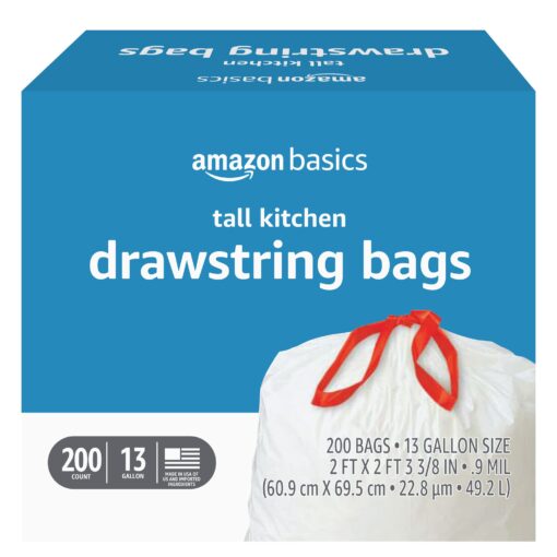 Amazon Basics Tall Kitchen Drawstring Trash Bags, 13 Gallon, Unscented, 200 Count (Previously Solimo) 200 Count (Pack of 1)