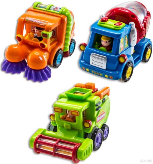 WolVol (Set of 3) Push and Go Friction Powered Car Toys for Boys - Street Sweeper Truck, Cement Mixer Truck, Harvester Toy Truck (Cars Have Automatic Functions)